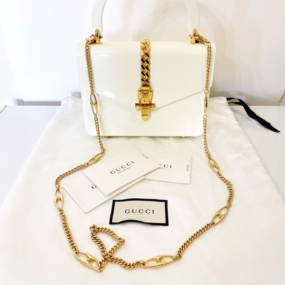 New GUCCI Plexiglass Mini Sylvie 1969 Top Handle Ivory White Chain Shoulder Bag - Picture 1 of 14
